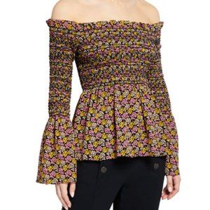 A.L.C Agra Black Floral Smocked Off the shoulder Blouse